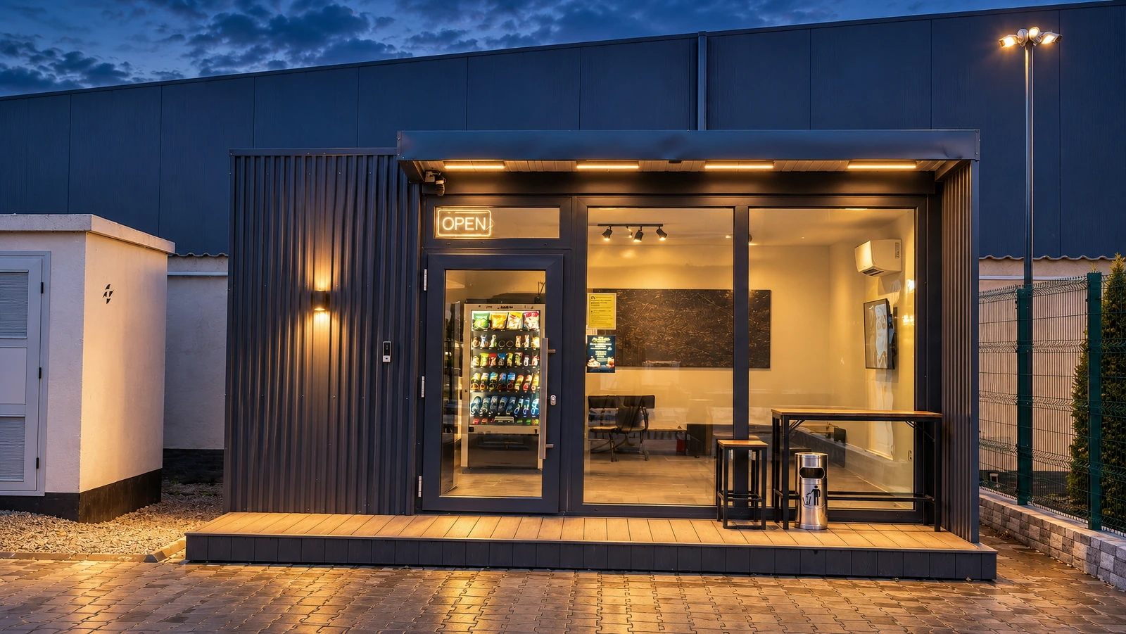 Randare a containerului de cafea La Maritec, cu lumină caldă, automat de gustări și spațiu de pauză